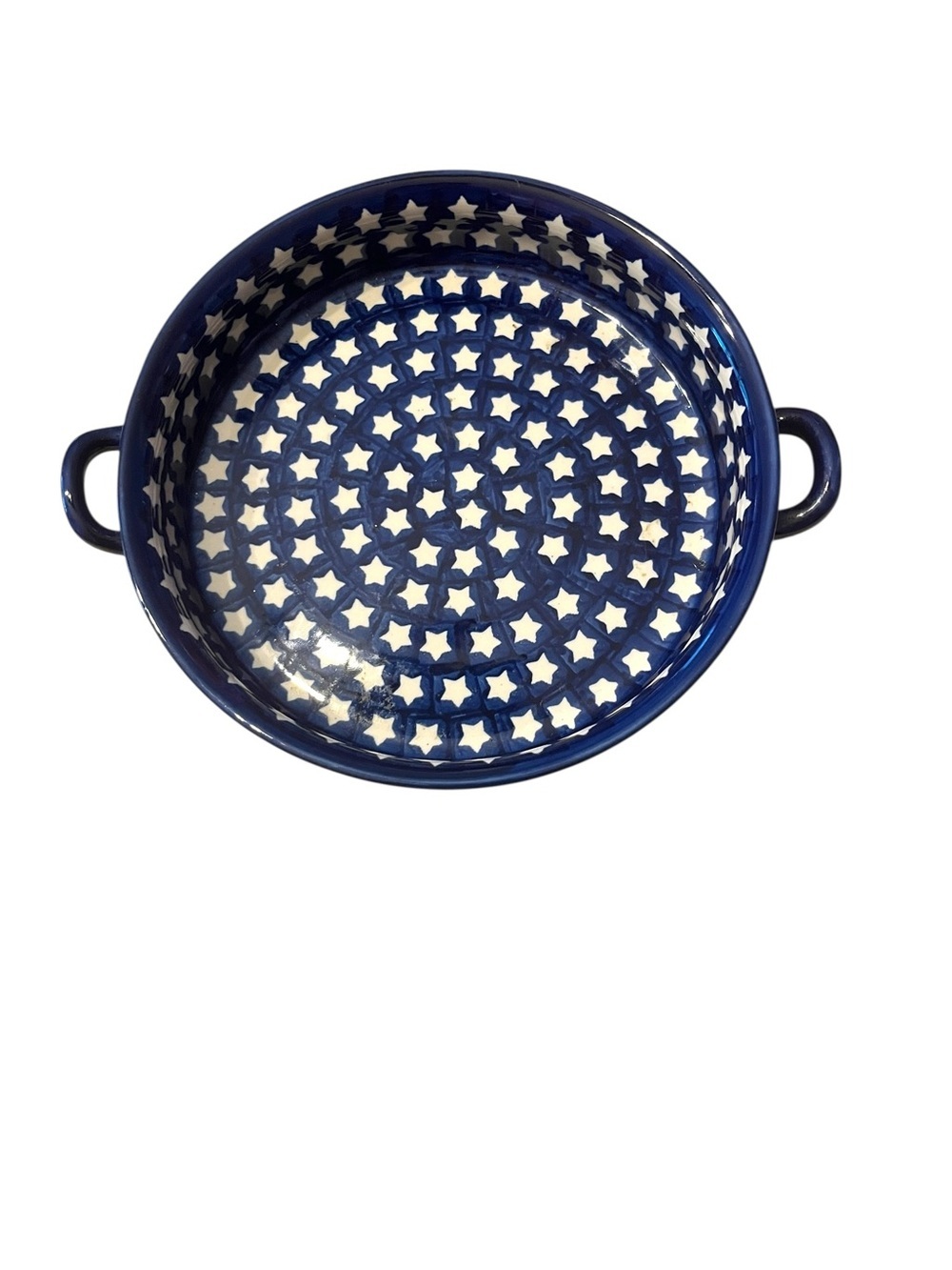 Vintage Boleslawiec Pottery Round Serving Tray with Handles: Blue Star Pattern
